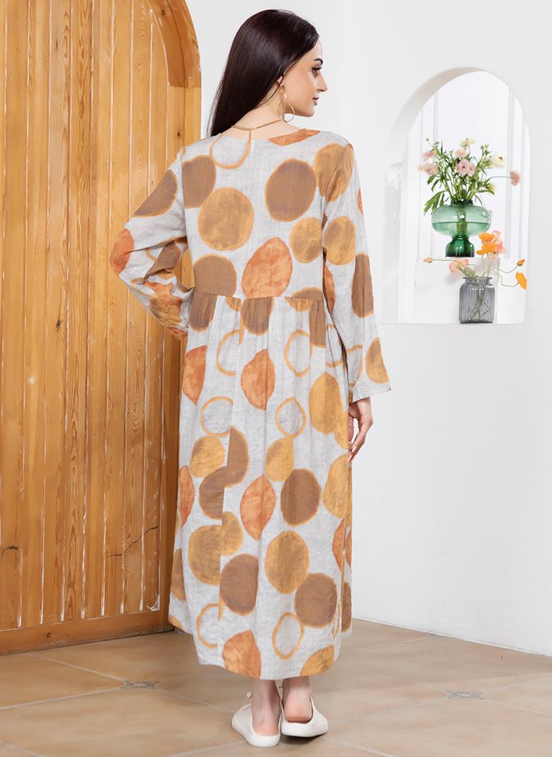 FridayIn Sweet Round neck Printing Color contrast Irregular Pos-flower Regular sleeve Long Dresses Orange - Image 2