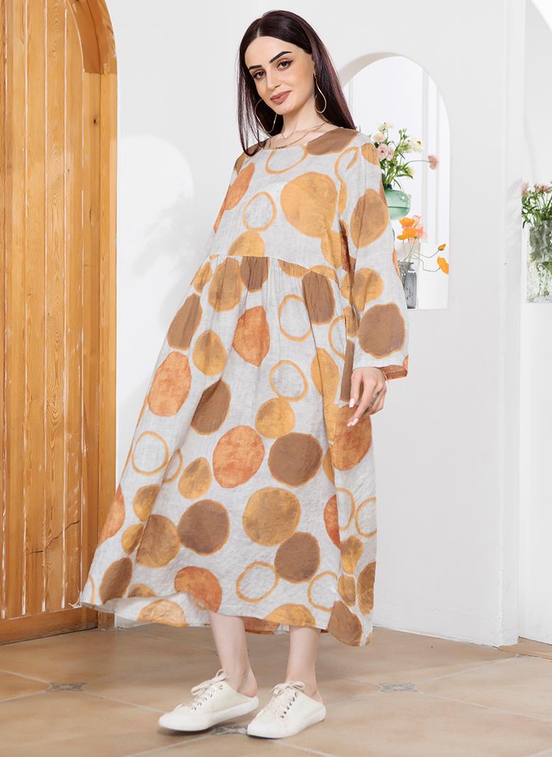 FridayIn Sweet Round neck Printing Color contrast Irregular Pos-flower Regular sleeve Long Dresses Orange - Image 3