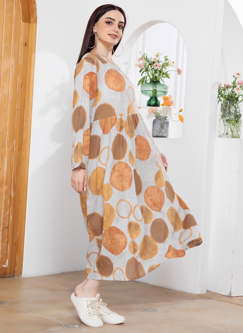 FridayIn Sweet Round neck Printing Color contrast Irregular Pos-flower Regular sleeve Long Dresses Orange - Image 4