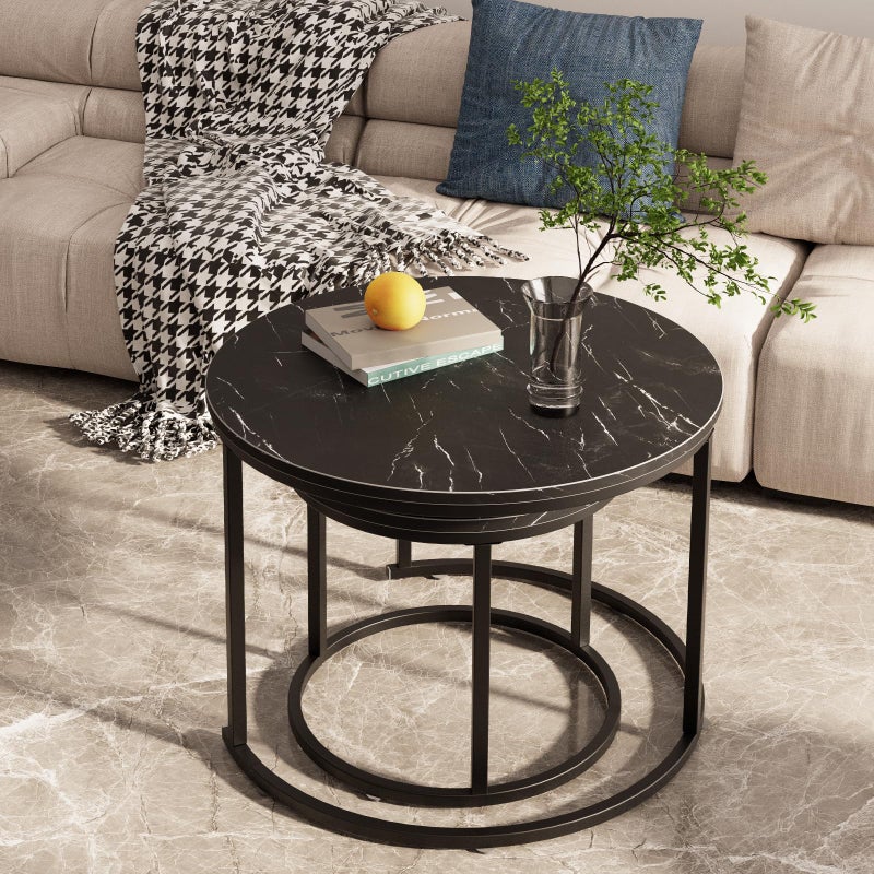 aboxoo Round Nesting Coffee Table Side Set of 2 End Tables for Living Room Bedroom Balcony,Black Faux Marble Wooden Table 23.6IN Accent Large Coffee Table with Steel Frame - Image 4