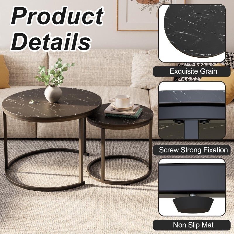 aboxoo Round Nesting Coffee Table Side Set of 2 End Tables for Living Room Bedroom Balcony,Black Faux Marble Wooden Table 23.6IN Accent Large Coffee Table with Steel Frame - Image 5