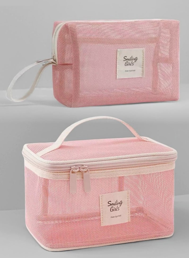 Ramadan's Practical Gem – Pink Soft Mesh Makeup & Toiletry Bag, Lightweight Portable Organizer with Handle & Zipper for Women - Image 1