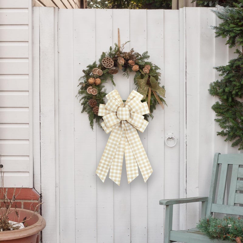 Ftuuo Large Natural Buffalo Plaid Wreath Bows, Farmhouse Burlap Bow for Wreath Rustic Crafts Decorative Hanging Ornament Bow for Indoor Outdoor Wedding Holiday Birthday Party Decor - Image 3