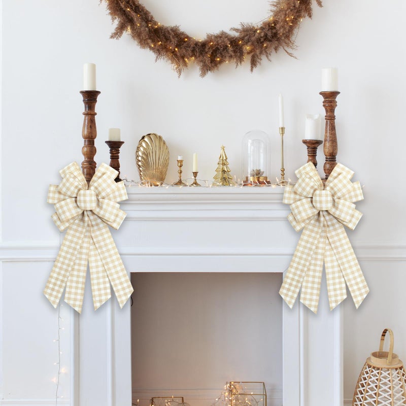 Ftuuo Large Natural Buffalo Plaid Wreath Bows, Farmhouse Burlap Bow for Wreath Rustic Crafts Decorative Hanging Ornament Bow for Indoor Outdoor Wedding Holiday Birthday Party Decor - Image 5