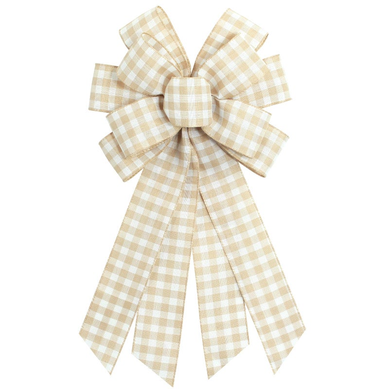 Ftuuo Large Natural Buffalo Plaid Wreath Bows, Farmhouse Burlap Bow for Wreath Rustic Crafts Decorative Hanging Ornament Bow for Indoor Outdoor Wedding Holiday Birthday Party Decor - Image 1
