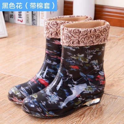 Korean Style Fleece-lined Mid-barrel Fashion Rain Boots Womens Outerwear New Fashionable Crystal Work Womens Rain Boots203 pattern Black (plus Cotton) 203 pattern Black (plus Cotton) 