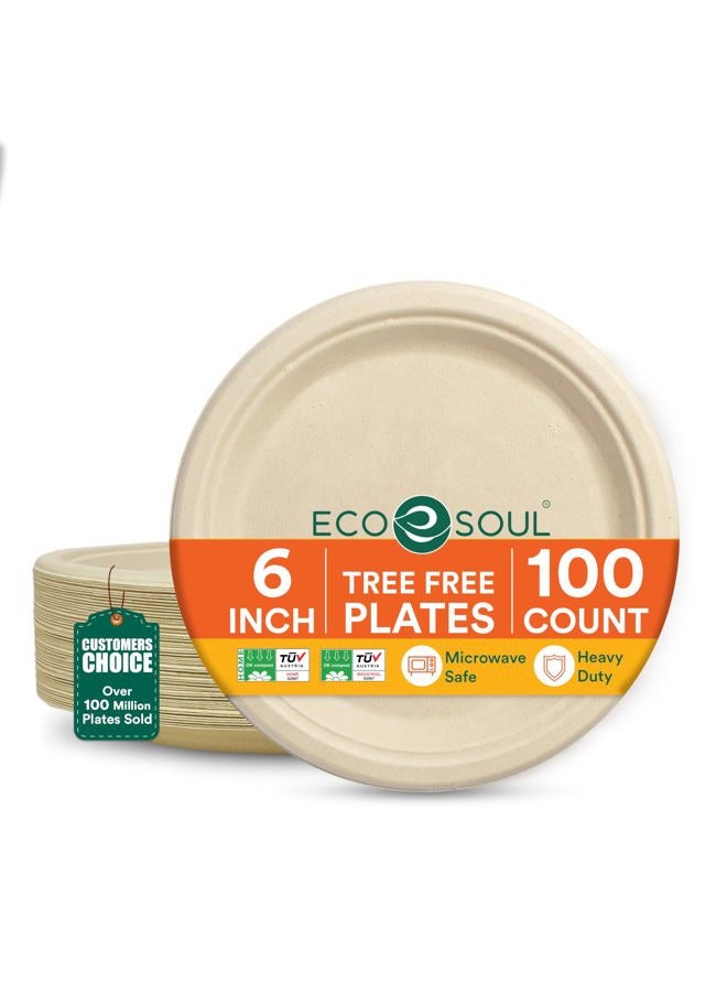 ECO SOUL [ 6 Inch, 100 Count ] Disposable Bagasse Plates | Eco-Friendly, Biodegradable, Sugarcane Paper Plates | for Serving Dinner | Birthday, Wedding & Party - Image 1