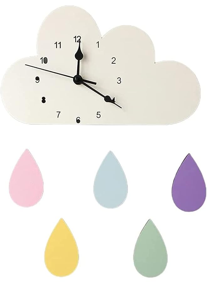 IAF Clock, ELECDON Nordic Cartoon Cloud Rainbow Clock Wooden Silent Mute Wall Clock Decor White Clouds Rainbow Raindrops 28X16CM - Image 1