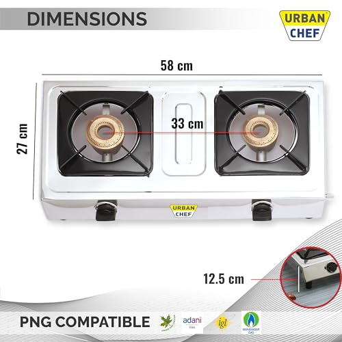 URBAN CHEF Gas Stove 2 Burners | ISI Certified | Stove 2 Burners, 2 Burner Gas Stove, Gas Chulha, Manual Ignition, | LPG & PNG Compatible | Stainless Steel Top | Compatible for Home & Kitchen | - Image 2