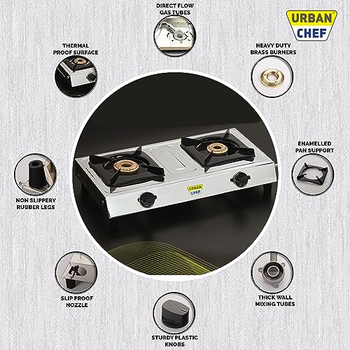 URBAN CHEF Gas Stove 2 Burners | ISI Certified | Stove 2 Burners, 2 Burner Gas Stove, Gas Chulha, Manual Ignition, | LPG & PNG Compatible | Stainless Steel Top | Compatible for Home & Kitchen | - Image 3