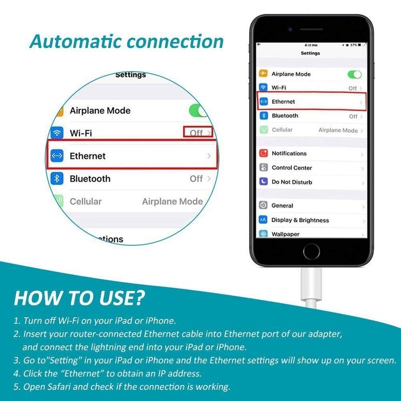 Microware 8 Pin Lightieng to RJ45 Ethernet LAN Network Adapter for Phone/Pad, Phone Ethernet Adapter, 3.3ft/1m Cable, 10/100Mbps High Speed, System Required iOS 10.0 or Up - Image 4