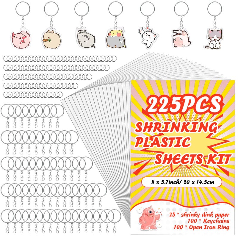 OFNMY 225PCS Shrinky Dink Sheets Keychains Kit,Shrink Plastic Sheets Kit with 25PCS Shrinky Dink Paper,100PCS Keychains and Open Iron Ring for Kids Creative Craft Marking,Handprint(8x5.7inch/20x14.5cm) - Image 1