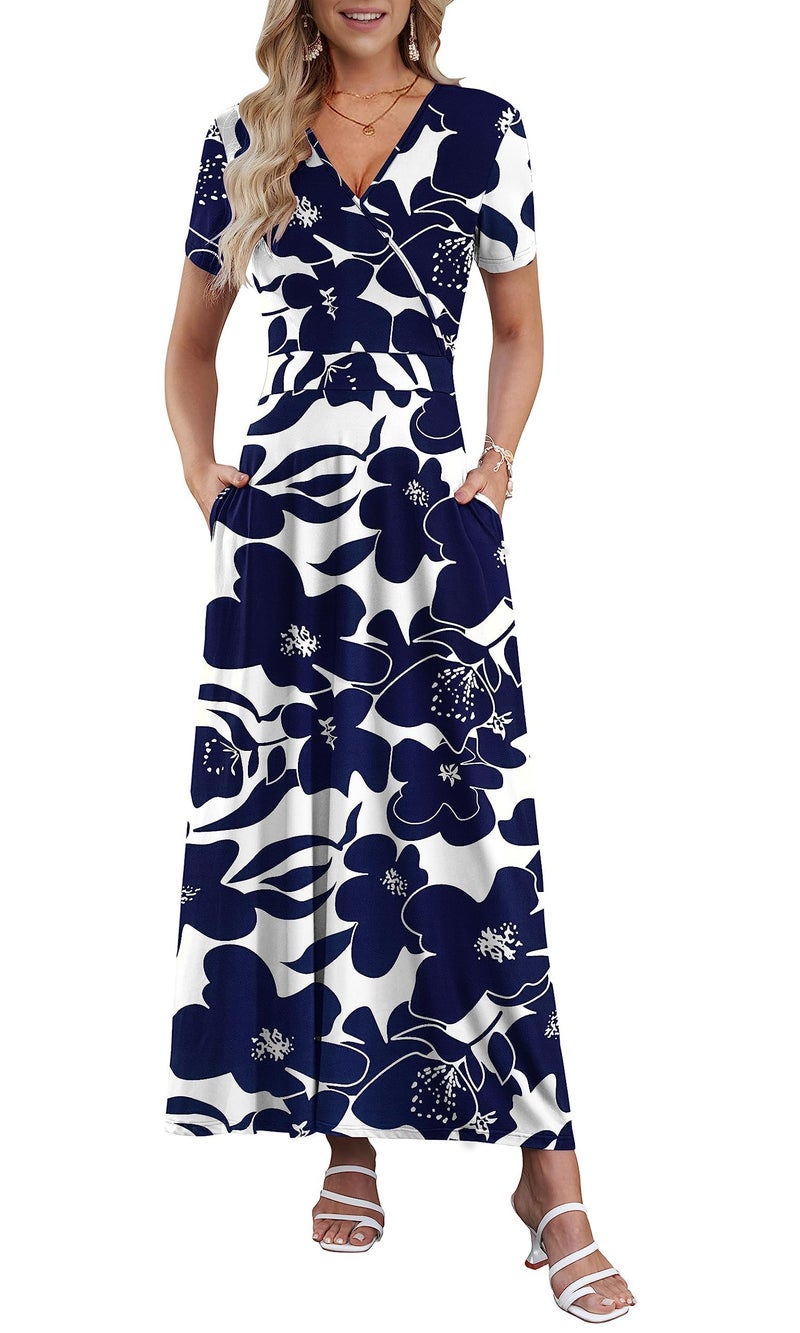 AUSELILY Maxi Dresses for Women Ankle Length Floral Print Beach Long Flowy Dress with Pockets White Navy Flower M - Image 1
