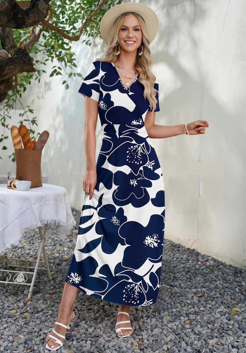 AUSELILY Maxi Dresses for Women Ankle Length Floral Print Beach Long Flowy Dress with Pockets White Navy Flower M - Image 4