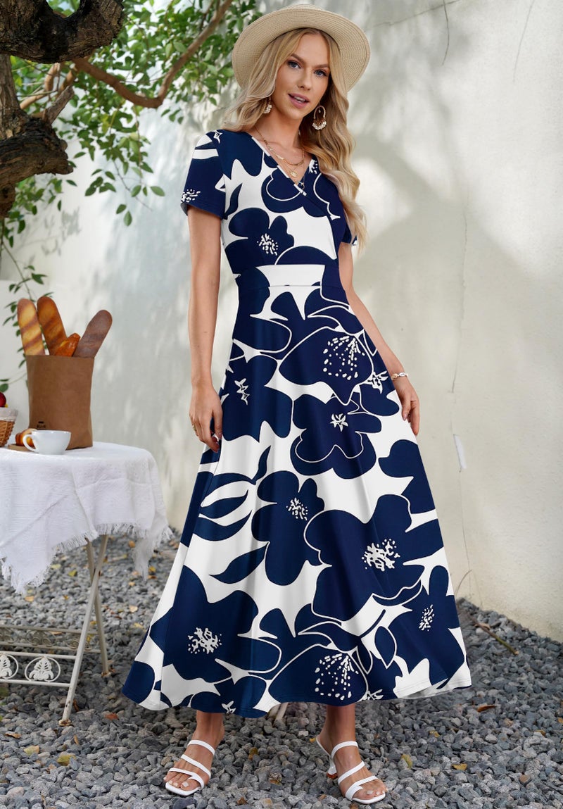 AUSELILY Maxi Dresses for Women Ankle Length Floral Print Beach Long Flowy Dress with Pockets White Navy Flower M - Image 3