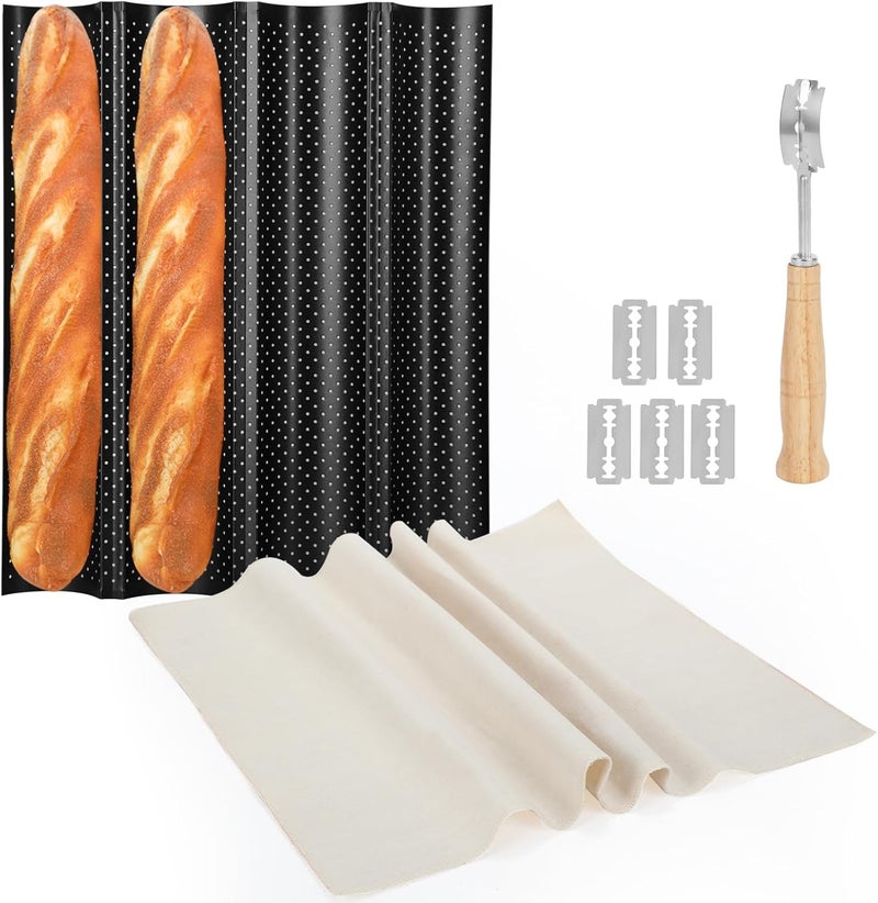 Spmarkt 4-Slot French Baguette Pan Set, Non-Stick French Bread Pan, Baguette Baking Pan with Proofing Cloth, Bread Lame, Home Baking Tools Kit for Homemade Bread - Image 1