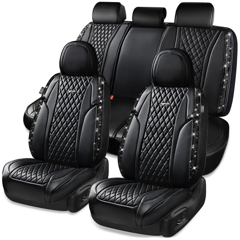 CAR Pass Bling Car Seat Covers Microfiber Nappa Leather Luxury Cushioned Waterproof HeavyDuty AntiSlip Universal Fit for Auto SUV Sedan Sparkly Glitter Shining Rhinestone Full Set Black Diamond