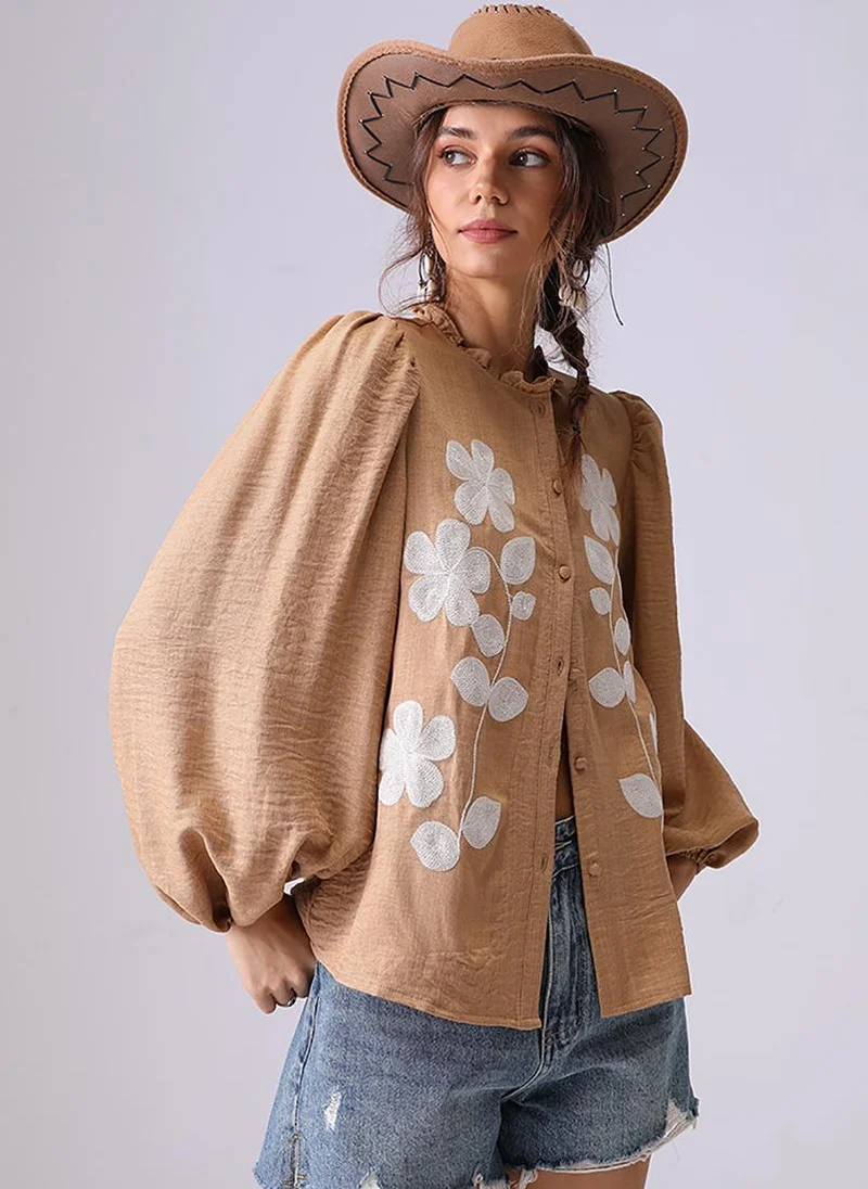 يونيكي Khaki Band Collar Puff Sleeves Regular Fit Shirt