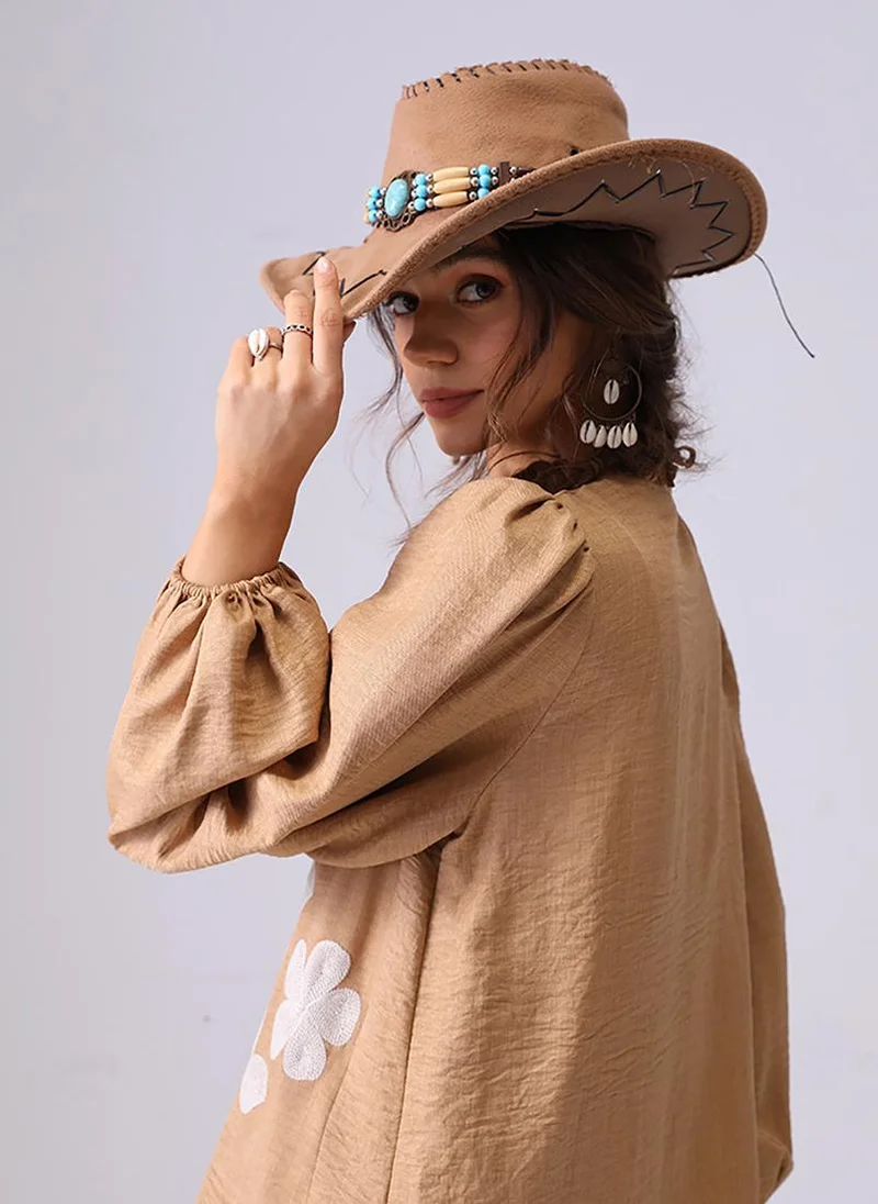 YUNIQEE Khaki Band Collar Puff Sleeves Regular Fit Shirt