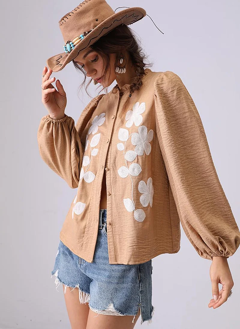 يونيكي Khaki Band Collar Puff Sleeves Regular Fit Shirt