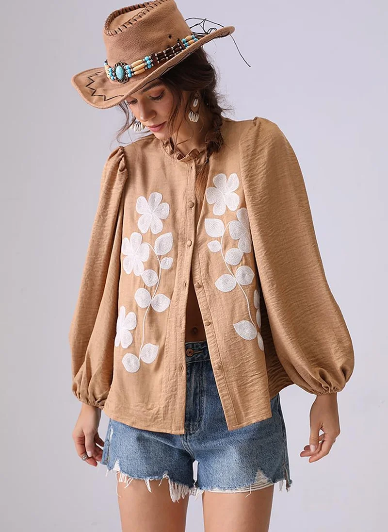 يونيكي Khaki Band Collar Puff Sleeves Regular Fit Shirt
