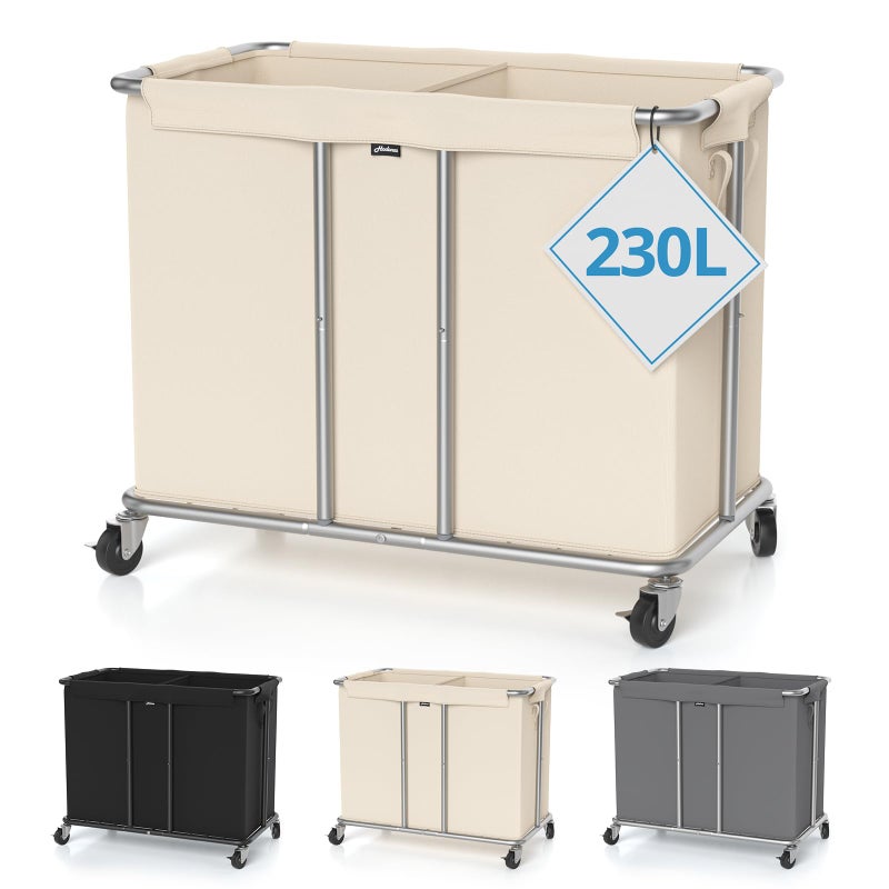 Hodonas 230L Rolling Laundry Hamper, 2-Section Laundry Basket with Wheels, 61 Gallons Laundry Sorter with Metal Structure and Removable Liner, Clothes Hamper for Laundry Room, Bathroom, Bedroom, Beige - Image 1