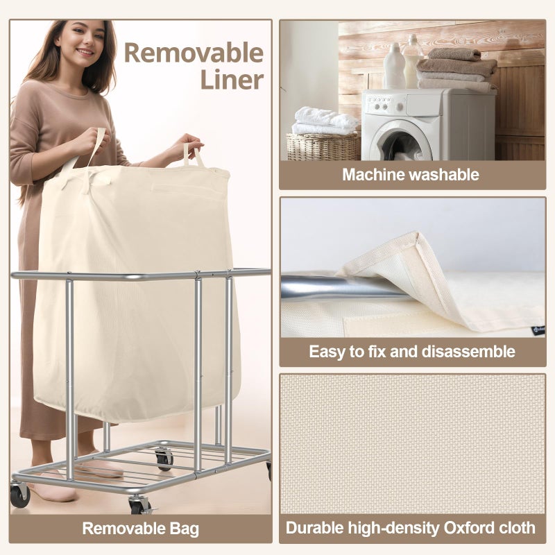 Hodonas 230L Rolling Laundry Hamper, 2-Section Laundry Basket with Wheels, 61 Gallons Laundry Sorter with Metal Structure and Removable Liner, Clothes Hamper for Laundry Room, Bathroom, Bedroom, Beige - Image 4