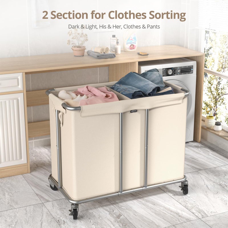 Hodonas 230L Rolling Laundry Hamper, 2-Section Laundry Basket with Wheels, 61 Gallons Laundry Sorter with Metal Structure and Removable Liner, Clothes Hamper for Laundry Room, Bathroom, Bedroom, Beige - Image 2