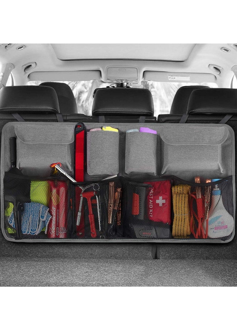 Car Trunk Organizer,Super Capacity Car Organizer SUV,Equipped with Robust Elastic Net, Hanging Car Storage Organizer with Lids,Space Saving Expert 35*18 inch,Grey