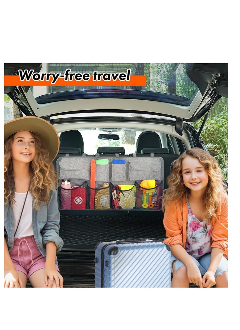 Car Trunk Organizer,Super Capacity Car Organizer SUV,Equipped with Robust Elastic Net, Hanging Car Storage Organizer with Lids,Space Saving Expert 35*18 inch,Grey