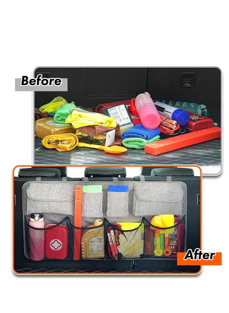 Car Trunk Organizer,Super Capacity Car Organizer SUV,Equipped with Robust Elastic Net, Hanging Car Storage Organizer with Lids,Space Saving Expert 35*18 inch,Grey