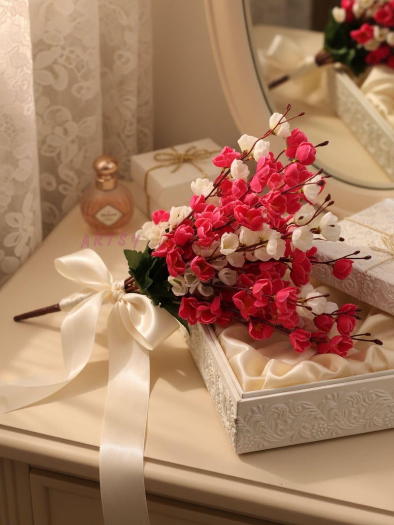 ARTSY® Artificial Flowers Bunch for Decoration Cherry Blossom, Ideal for vase, Home, Office Decor, Gifts, Craft, Artificial Plants for Decoration, Without vase, White Maroon, Combo, 2 Pieces - Image 3