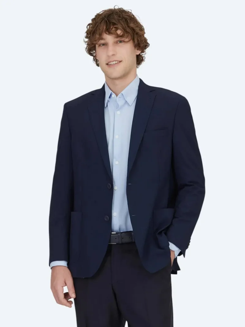 كيب جاكيت أزرق داكن بنقوش، بقصة عادية