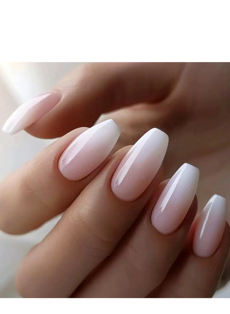 جوسكوين أظافر لاصقة، 24 قطعة، أظافر لاصقة بسيطة باللونين الوردي والأبيض، شكل باليرينا قصير، أظافر صناعية عصرية ومتعددة الاستخدامات، رقع أظافر قابلة لإعادة الاستخدام. أظافر أكريليك مع مجموعة غراء. - Image 1