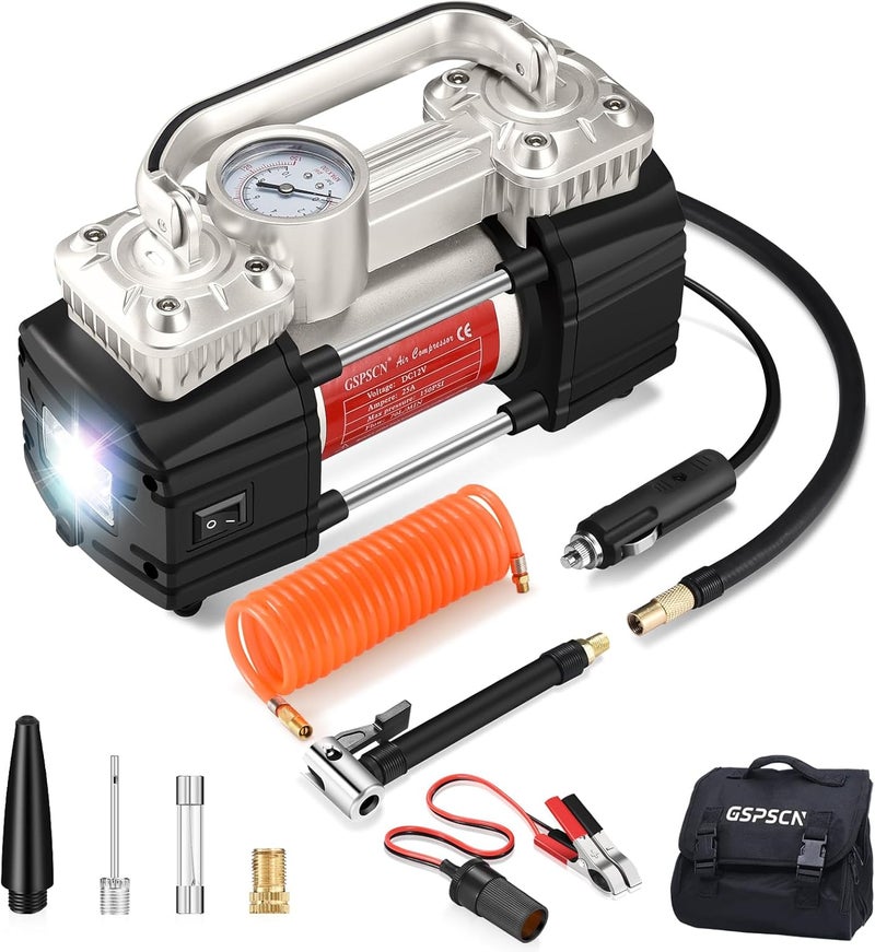 GSPSCN Silver Dual Cylinder 12V Air Compressor Pump - Heavy Duty Portable Tire Inflator 150PSI with LED Work Lights for Auto, Truck, SUV, RV, Balls - Image 1