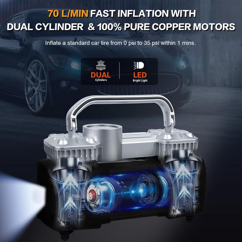 GSPSCN Silver Dual Cylinder 12V Air Compressor Pump - Heavy Duty Portable Tire Inflator 150PSI with LED Work Lights for Auto, Truck, SUV, RV, Balls - Image 5