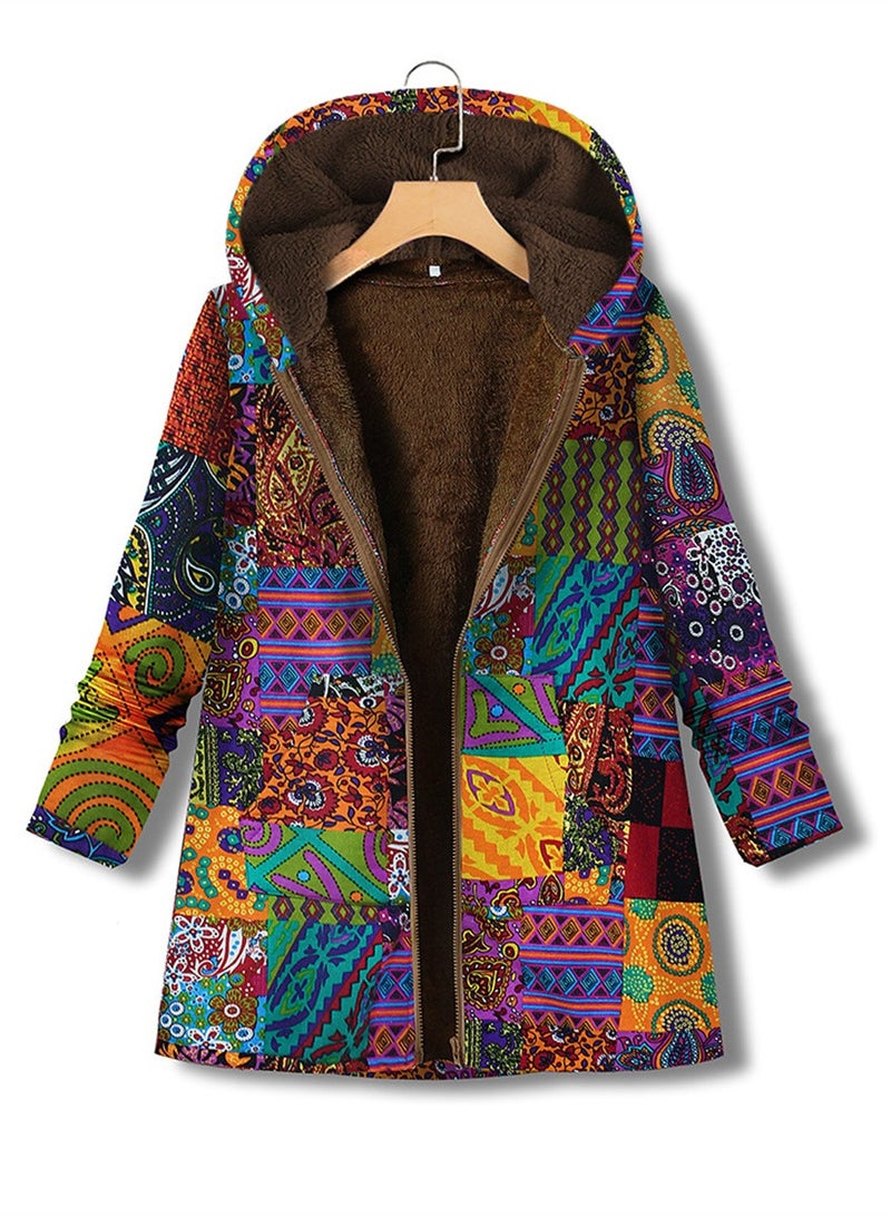 Loquat Autumn And Winter Thick Printed Women's Hooded Slim-Fit Long Warm Coat Multicolour 