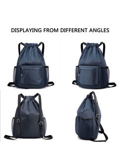 GUSGU Drawstring Backpack, Water Resistant Bag, Gym Sports Bag with Water Bottle Holder and Zipper Pockets for Men Women, Blue,Classic  - Image 5