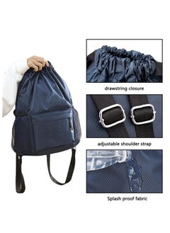 GUSGU Drawstring Backpack, Water Resistant Bag, Gym Sports Bag with Water Bottle Holder and Zipper Pockets for Men Women, Blue,Classic  - Image 4