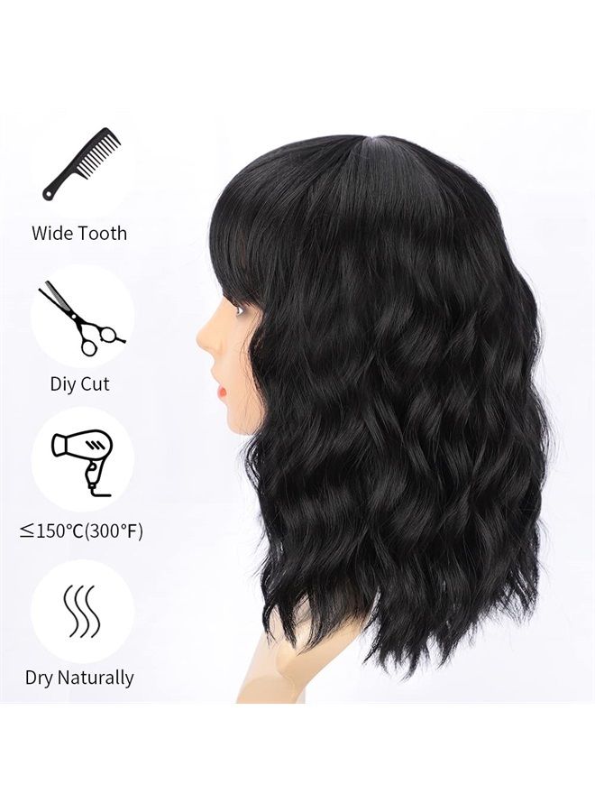 Bob Curly Wig Synthetic Short Black Wig with Bangs Natural Looking Heat Resistant Fiber Hair for Women