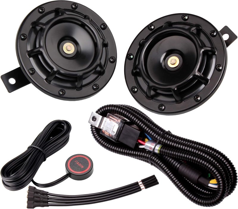 FARBIN Waterproof Car Horn Loud Super tone 12V High Tone/Low Tone Metal Twin Horns Kit with Protective Grill (Black horn with wire button) - Image 1