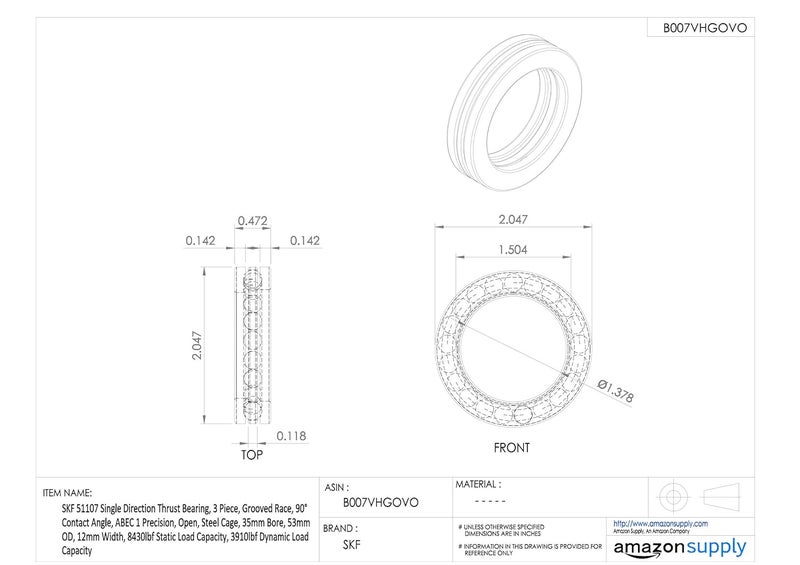 SKF 51107 Single Direction Thrust Bearing, 3 Piece, Grooved Race, 90° Contact Angle, ABEC 1 Precision, Open, Steel Cage, 35mm Bore, 53mm OD, 12mm Width, 8430lbf Static Load Capacity, 3910lbf Dynamic Load Capacity - Image 2