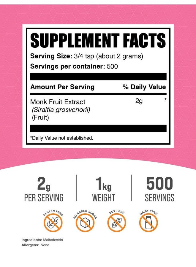 BulkSupplements مسحوق مستخلص فاكهة الراهب من BulkSupplements.com - مستخلص لوهانغو، فاكهة الراهب بدون إريثريتول - 500 حصة، خالي من الغلوتين، 2 جرام لكل حصة، 1 كجم (2.2 رطل) (عبوة واحدة) - Image 2