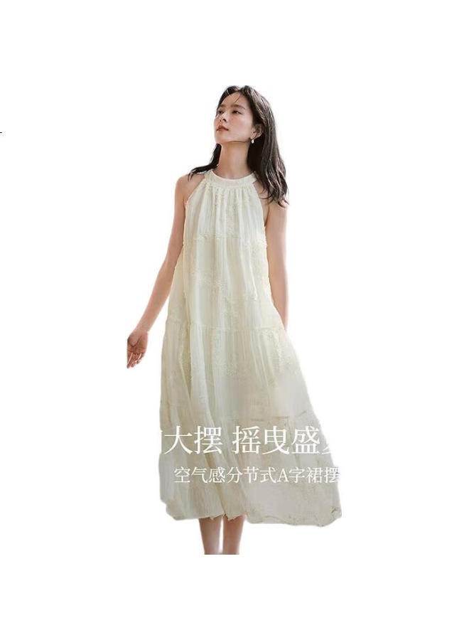 INMAN Women'S Embroidered Sleeveless A-Line Neck-Hanging Dress Summer Floral Print Loose Fit Gentle Vacation Long Dress Pear Blossom Apricot S - Image 1
