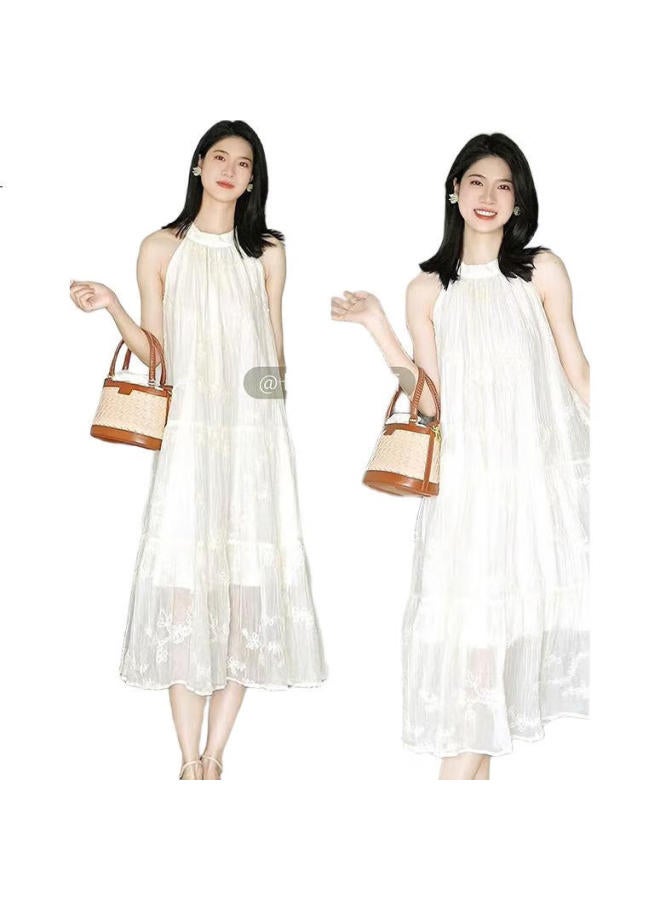 INMAN Women'S Embroidered Sleeveless A-Line Neck-Hanging Dress Summer Floral Print Loose Fit Gentle Vacation Long Dress Pear Blossom Apricot S - Image 3