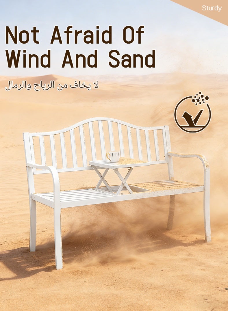 White Outdoor Metal Bench with Adjustable Coffee Table | Weatherproof 2-Seater Patio Bench for Garden, Balcony & Backyard, Heavy-Duty 200kg Load-Bearing - Image 4