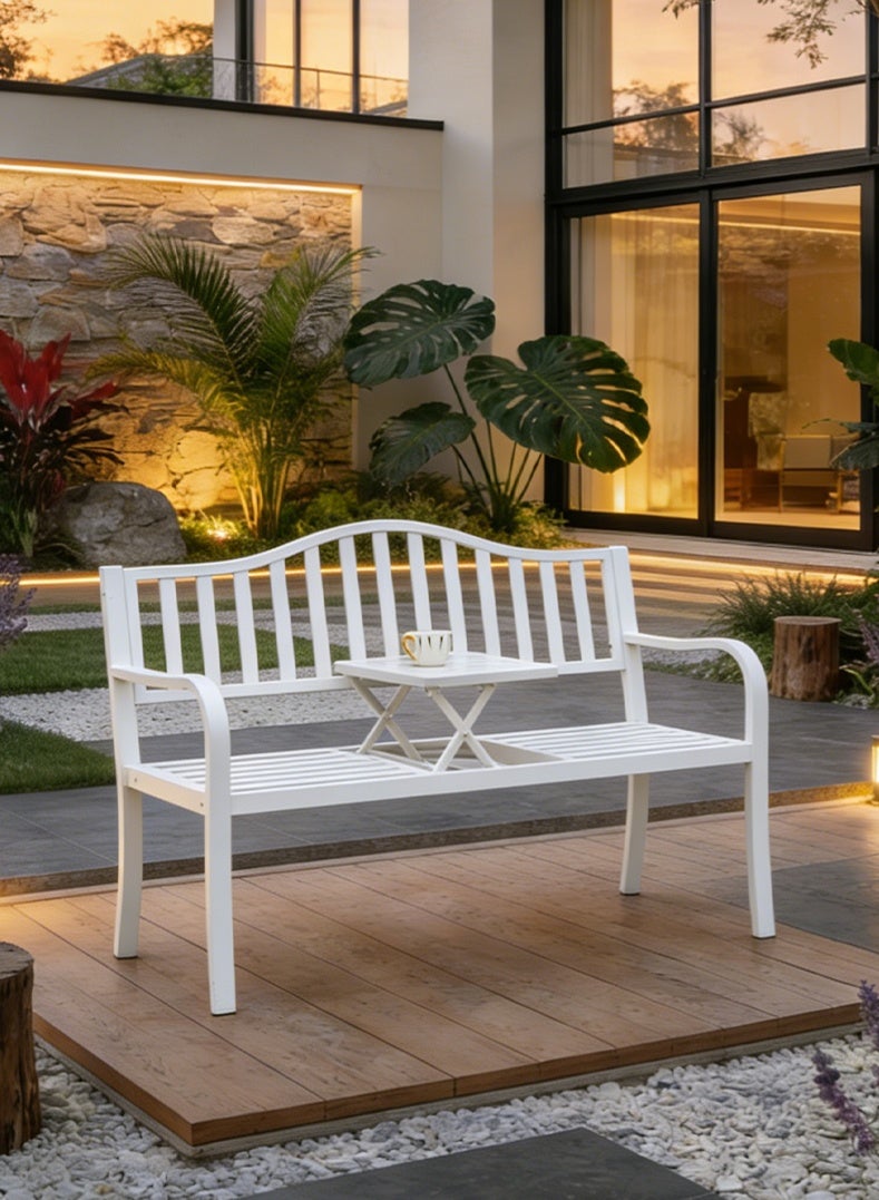 White Outdoor Metal Bench with Adjustable Coffee Table | Weatherproof 2-Seater Patio Bench for Garden, Balcony & Backyard, Heavy-Duty 200kg Load-Bearing - Image 1
