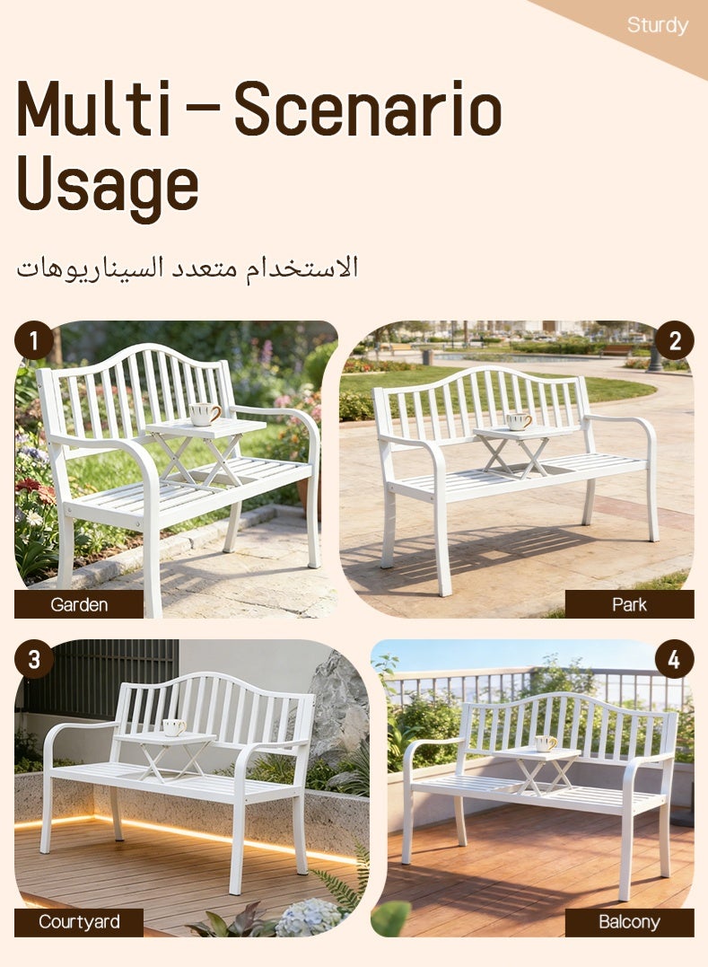 White Outdoor Metal Bench with Adjustable Coffee Table | Weatherproof 2-Seater Patio Bench for Garden, Balcony & Backyard, Heavy-Duty 200kg Load-Bearing - Image 2