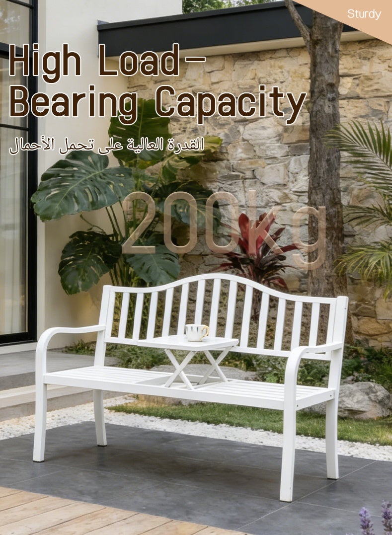 White Outdoor Metal Bench with Adjustable Coffee Table | Weatherproof 2-Seater Patio Bench for Garden, Balcony & Backyard, Heavy-Duty 200kg Load-Bearing - Image 3