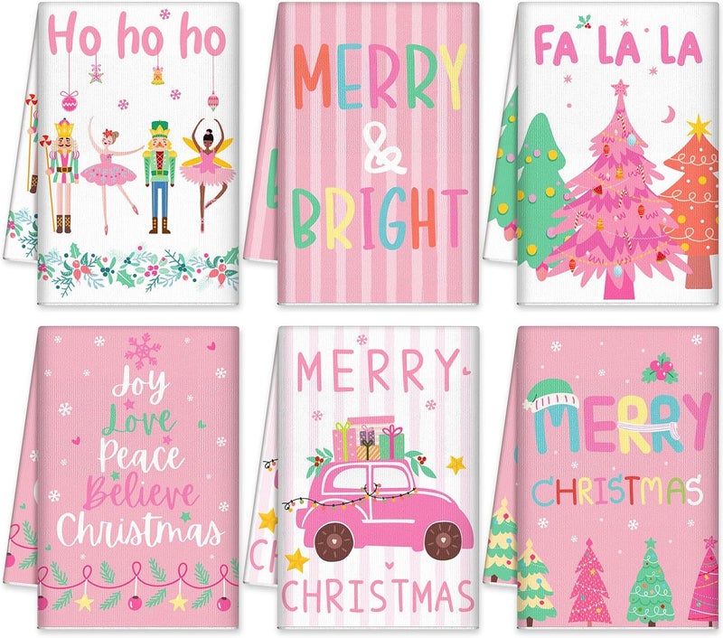 FuWeave 6 Pcs Pink Christmas Kitchen Towels Pastel Nutcracker Xmas Dish Towels 158 x 236 Inch Decorative Cute Hand Towel Farmhouse Cartoon Tea Towel Christmas Kitchen Decor for Winter Bathroom Gift - Image 1